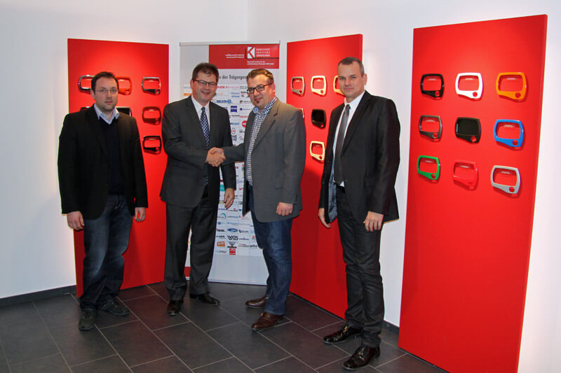 Working together in partnership on a promising collaborative project – from left to right: Dominik Malecha (Head of the Moulded Part Surface Technology Division at the Plastics Institute in Lüdenscheid), Rolf Trippler (Managing Director of Hennecke GmbH), Jörg Guenther (Member of the Management at the Plastics Institute in Lüdenscheid), Jens Winiarz (Head of Sales of CSM at Hennecke GmbH)