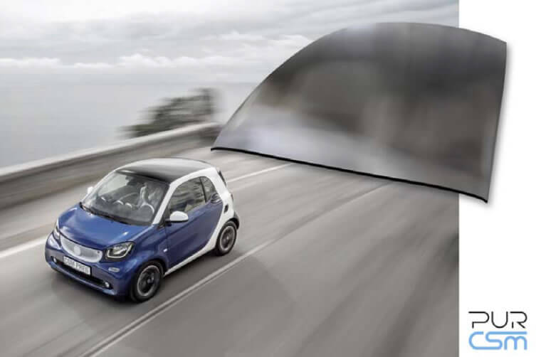 Material mix of polyurethane, glass fibre and paper honeycomb: lightweight roof for the smart “fortwo” Material mix of polyurethane, glass fibre and paper honeycomb: lightweight roof for the smart “fortwo”